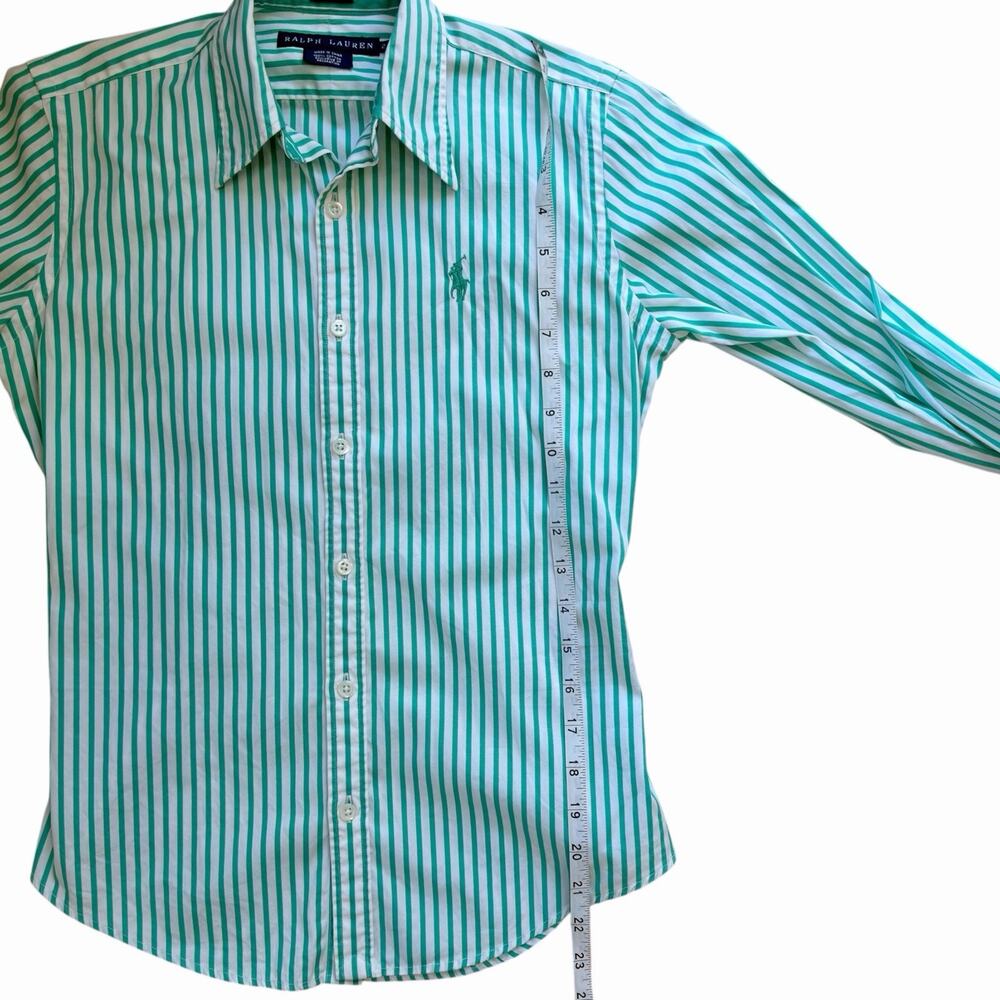 Ralph Lauren Blue Label Womens 2 Slim Fit Green White Striped Oxford Shirt - Picture 8 of 8